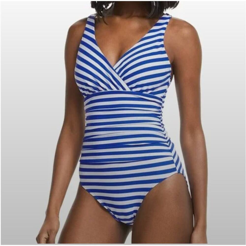 Boden Blue and White Striped One-Piece Swimsuit